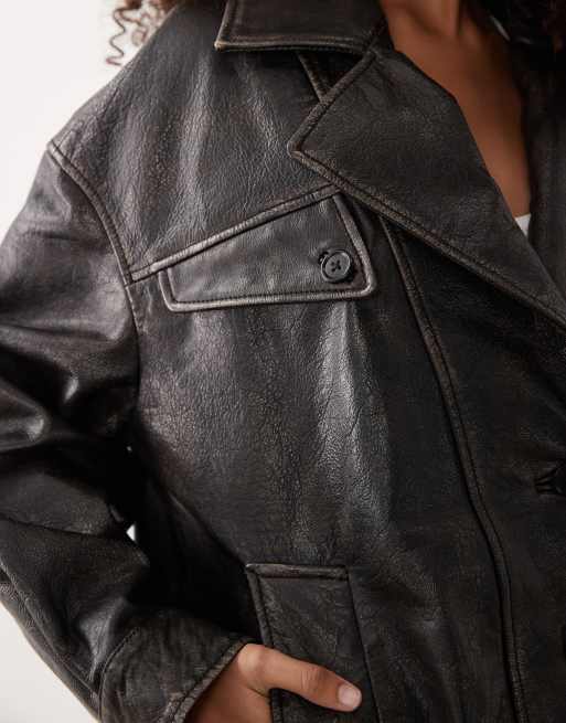 Mango 100% leather oversized jacket in distressed brown, 4 of 4