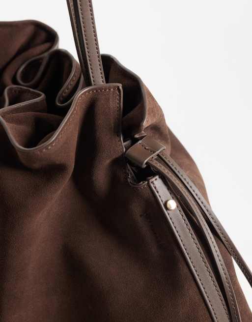 Mango 100% leather sack shoulder bag in brown, 3 of 4