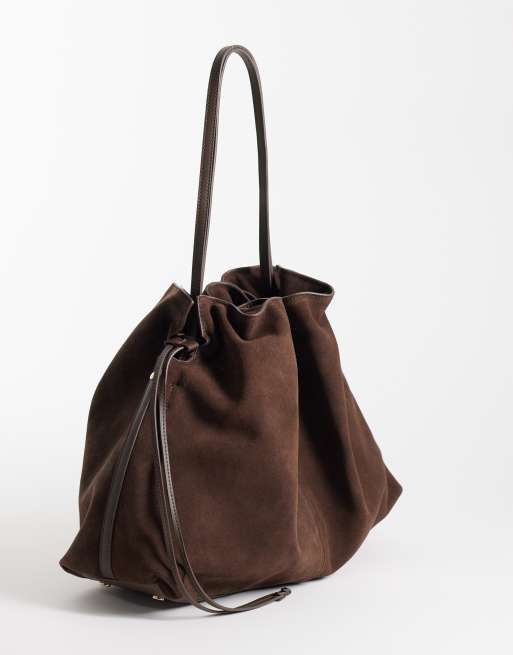 Mango 100% leather sack shoulder bag in brown, 4 of 4