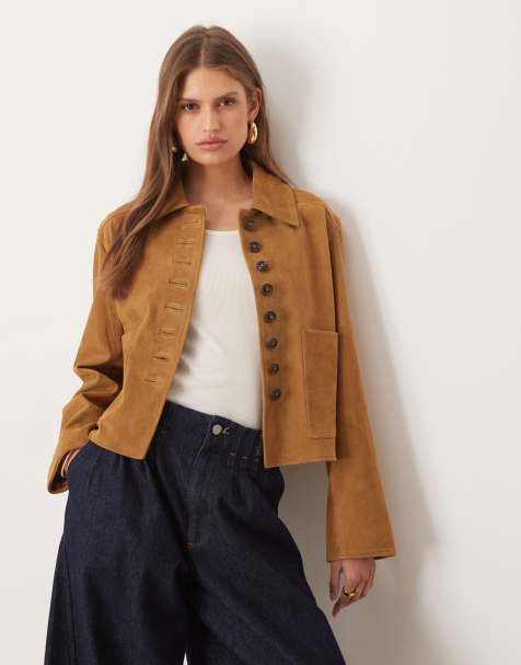 Mango 100% leather short jacket with contrast buttons in yellow - view 1