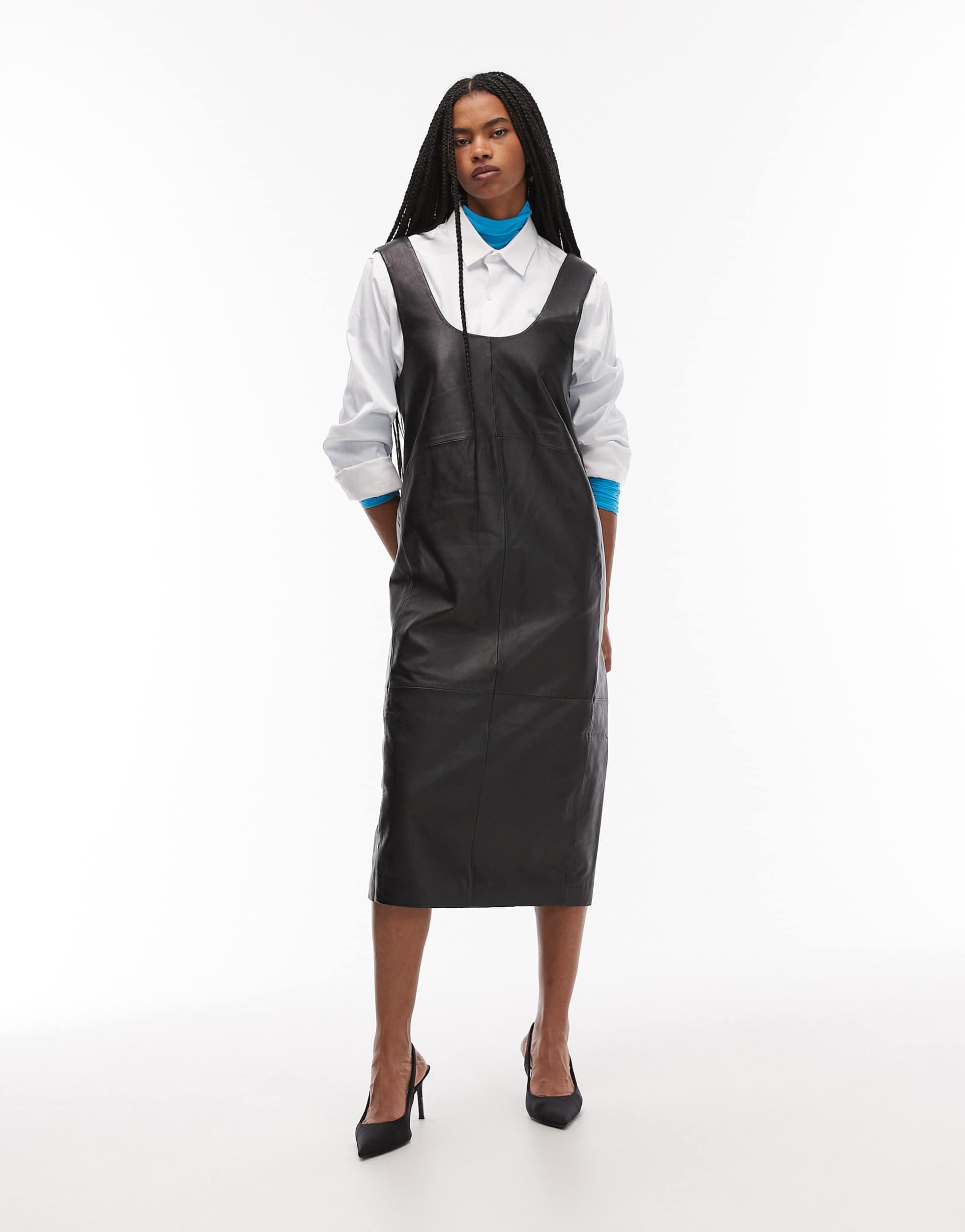 mango 100% leather square neck sleeveless midi dress in black