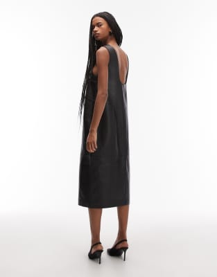 Mango 100% Leather Square Neck Sleeveless Midi Dress In Black
