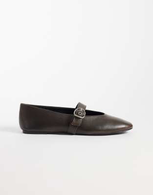 Mango 100% Leather Strap Detailing Flats In Brown