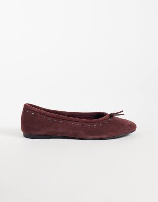 Mango 100% Leather Studded Ballet Flat In Red