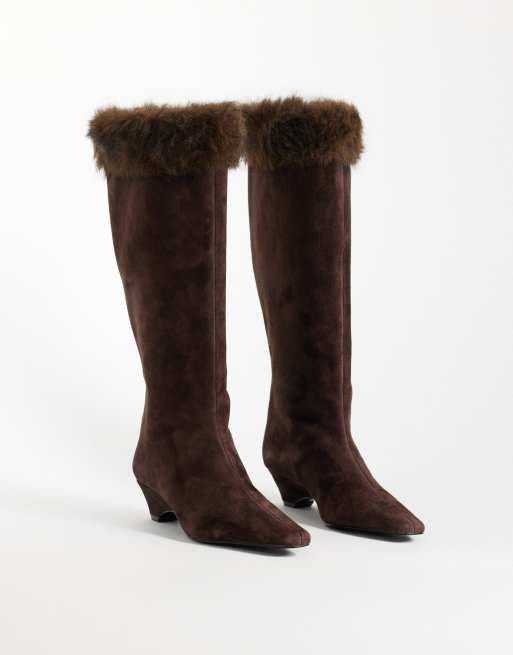 Mango 100% leather suede heeled boot with faux fur trim in brown, 2 of 4