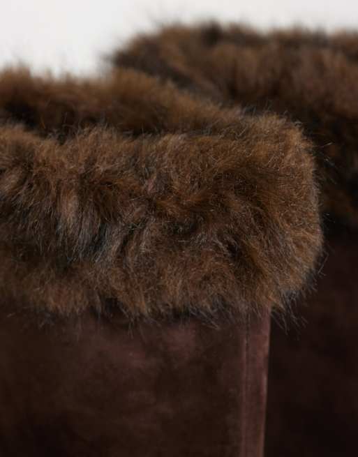 Mango 100% leather suede heeled boot with faux fur trim in brown, 3 of 4