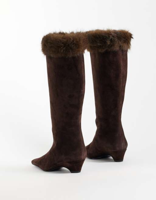 Mango 100% leather suede heeled boot with faux fur trim in brown, 4 of 4