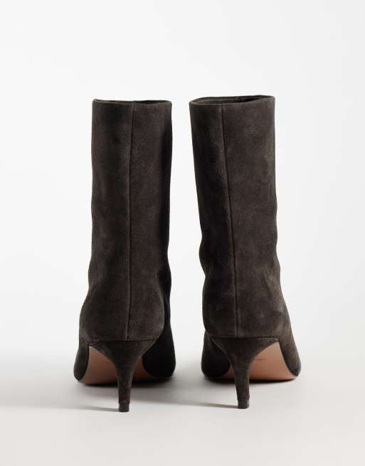 Mango 100% leather suede kitten heeled ankle boot in chocolate , 4 of 4