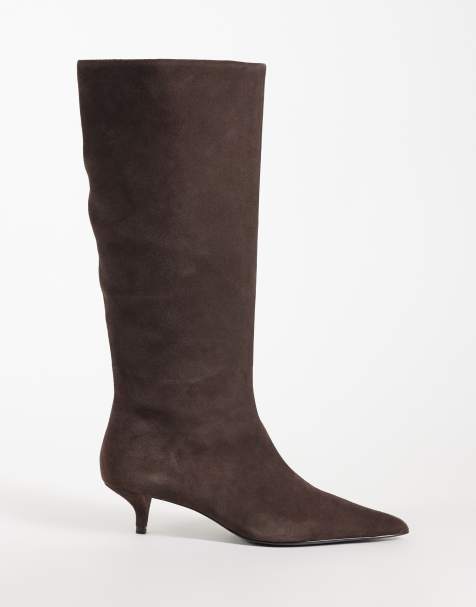Mango 100% leather suede kitten heeled knee high boot in chocolate  - view 1