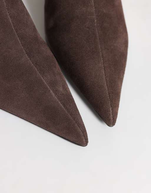 Mango 100% leather suede kitten heeled knee high boot in chocolate , 2 of 4