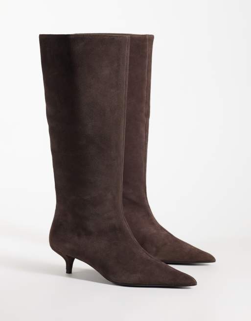 Mango 100% leather suede kitten heeled knee high boot in chocolate , 3 of 4