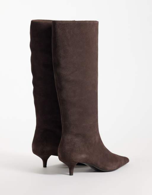 Mango 100% leather suede kitten heeled knee high boot in chocolate , 4 of 4