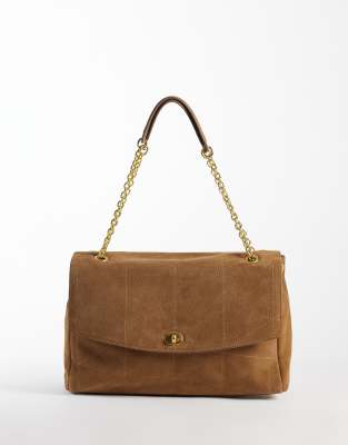 Mango 100% Leather Suede Quilted Shoulder Bag With Chain Straps In Brown