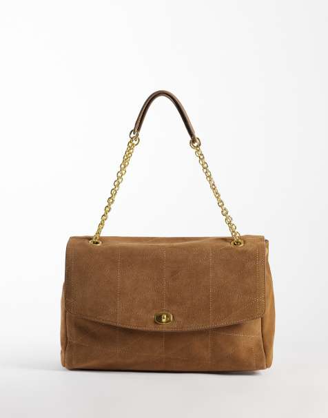 Mango 100% leather suede quilted shoulder bag with chain straps in camel - view 1