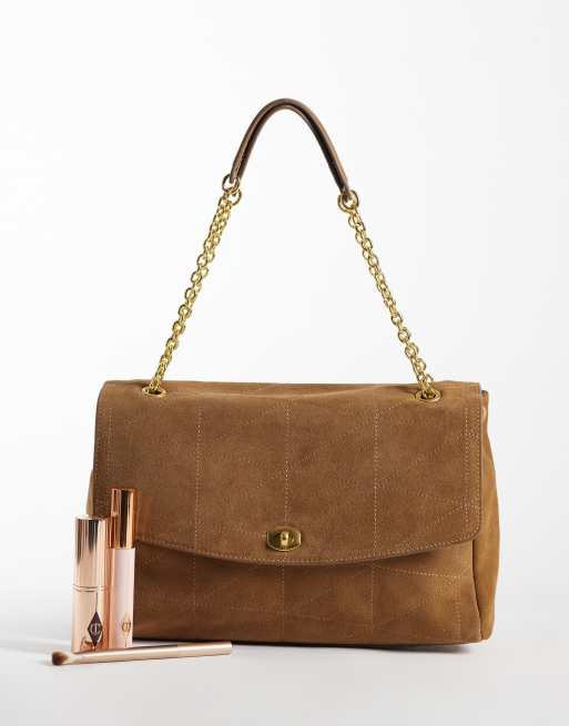 Mango 100% leather suede quilted shoulder bag with chain straps in camel, 2 of 4