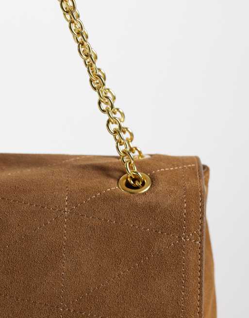 Mango 100% leather suede quilted shoulder bag with chain straps in camel, 3 of 4
