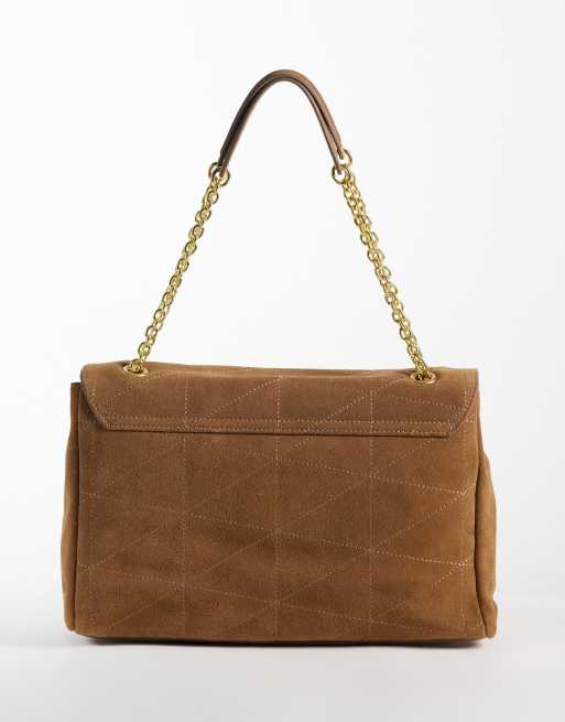Mango 100% leather suede quilted shoulder bag with chain straps in camel, 4 of 4
