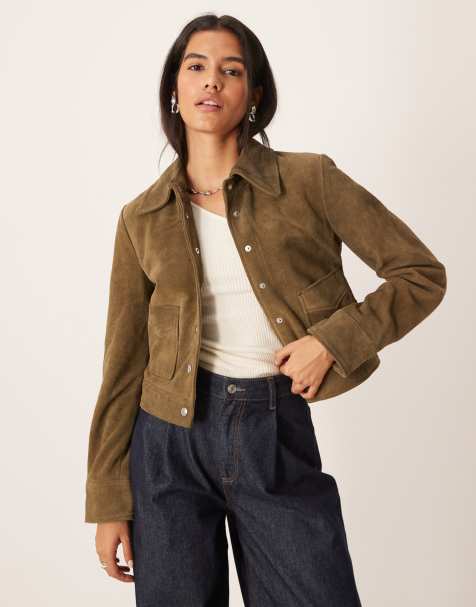 Mango 100% leather suede short jacket in khaki - view 1