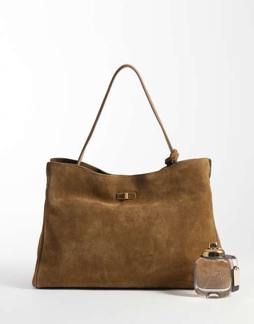 Mango 100% leather suede shoulder bag in camel, 3 of 4