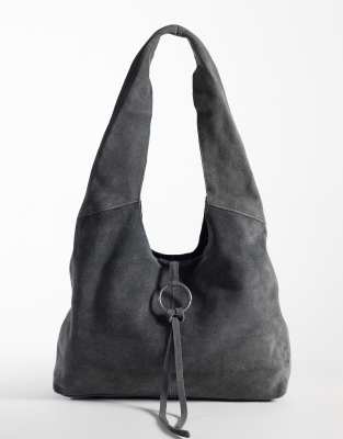 Mango 100% Leather Suede Shoulder Bag In Grey