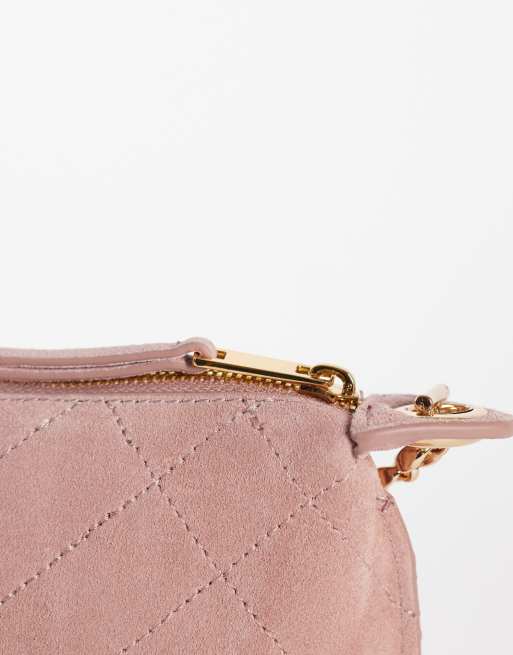 Mango 100% leather suede shoulder bag with chain strap in pastel pink, 3 of 4