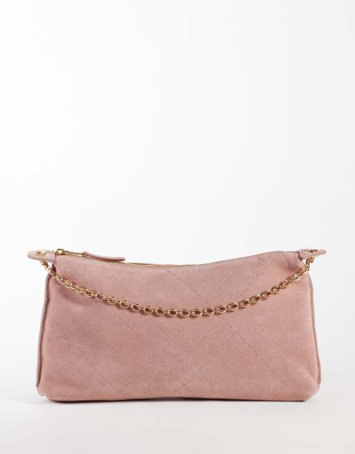 Mango 100% leather suede shoulder bag with chain strap in pastel pink, 4 of 4