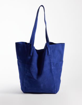 Mango 100% Leather Suede Slouchy Tote Bag In Blue