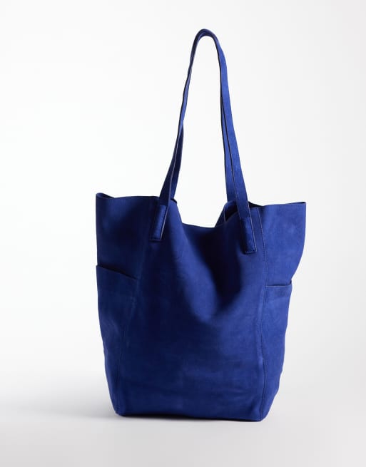 Mango 100% leather suede slouchy tote bag in electric blue, 4 of 4