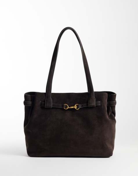 Mango 100% leather suede tote bag with buckle detail in brown - view 1