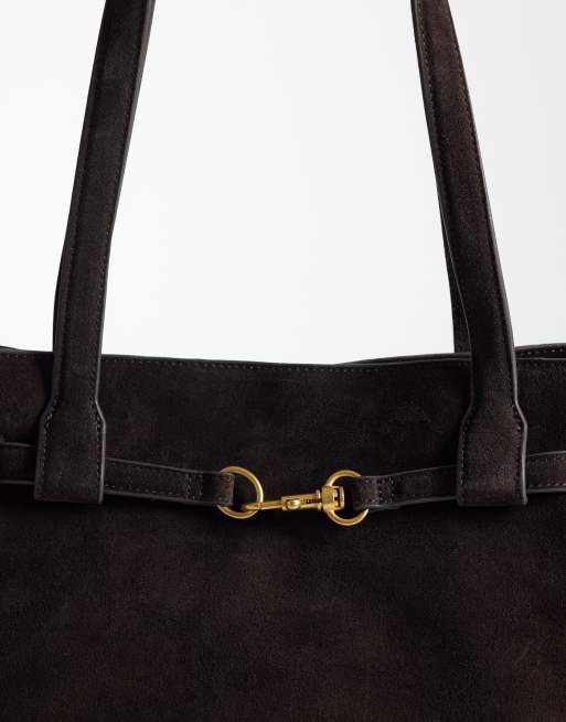Mango 100% leather suede tote bag with buckle detail in brown , 2 of 4