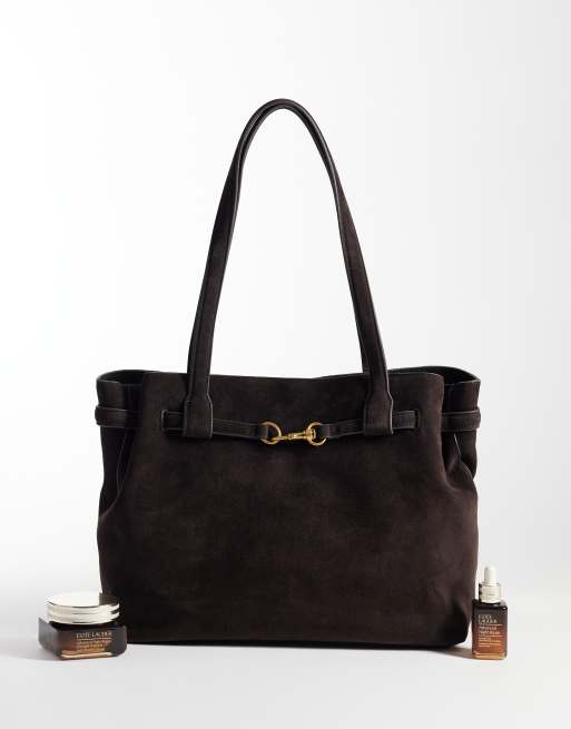 Mango 100% leather suede tote bag with buckle detail in brown , 3 of 4