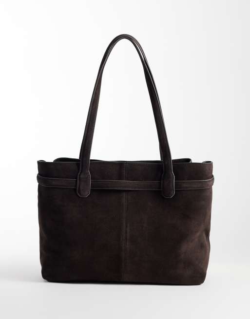 Mango 100% leather suede tote bag with buckle detail in brown , 4 of 4