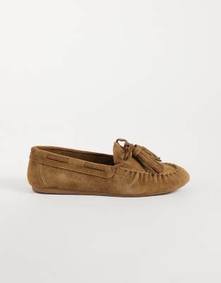Mango 100% Leather Tassel Detailing Boat Shoes In Brown