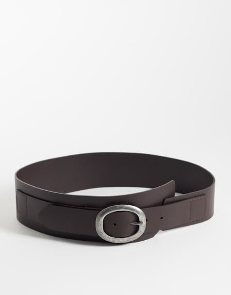 Mango 100% leather wide belt with silver-tone buckle in brown - view 1