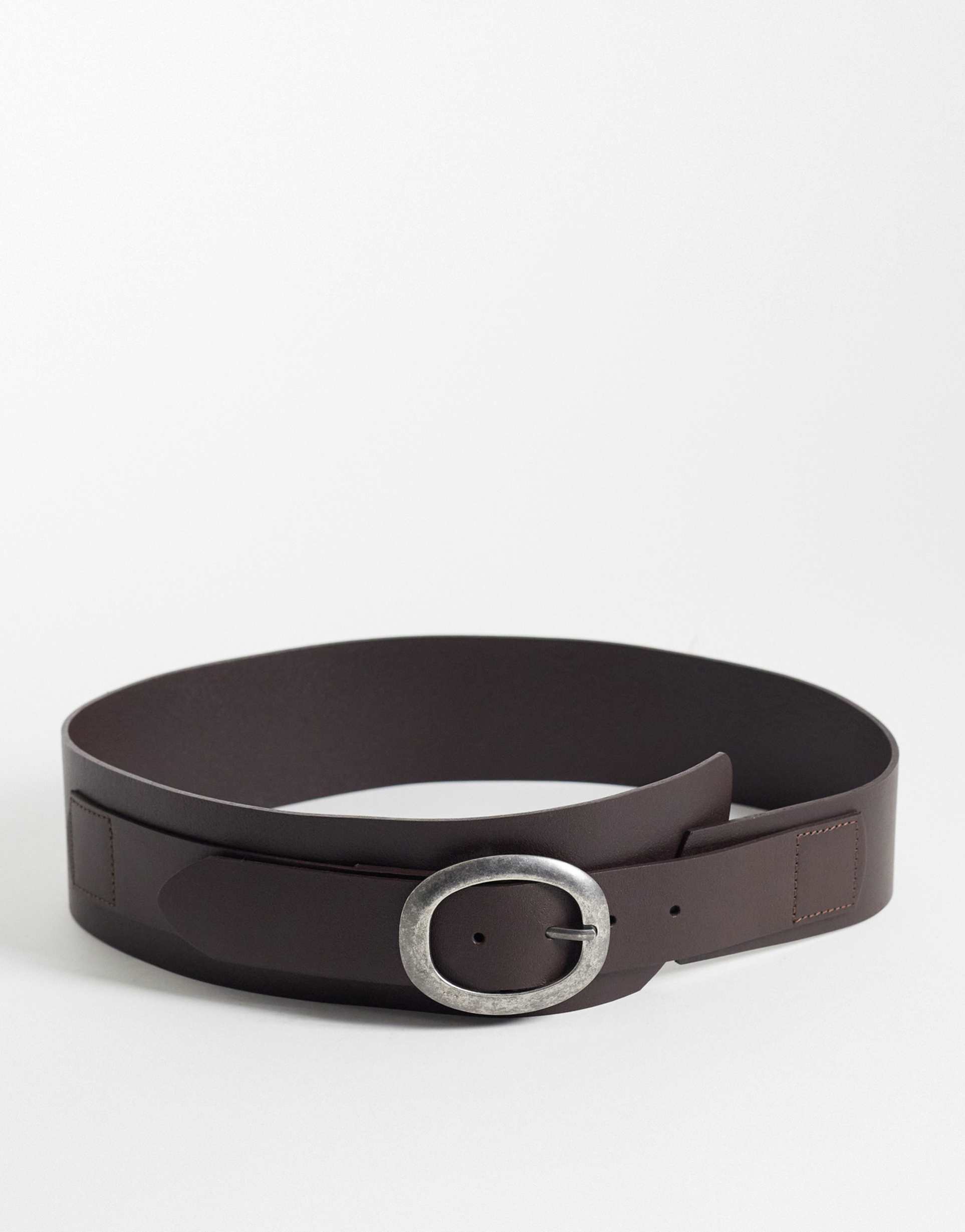 mango 100% leather wide belt with silver-tone buckle in brown