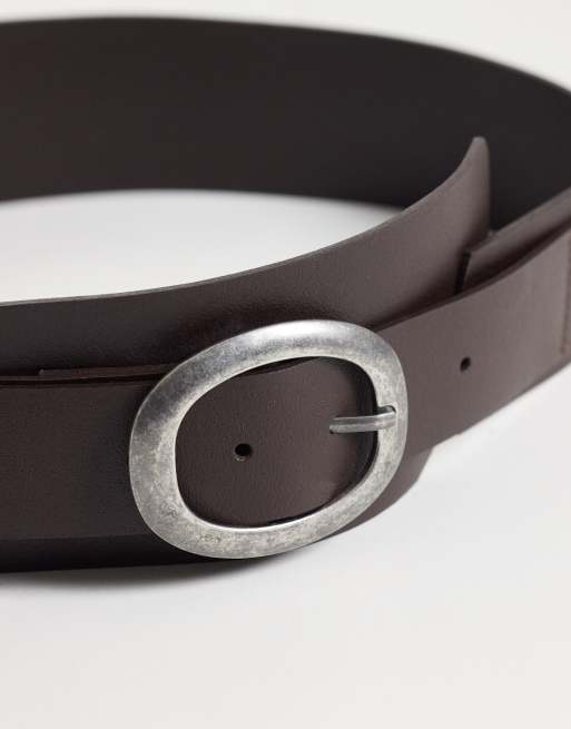 Mango 100% leather wide belt with silver-tone buckle in brown, 3 of 3