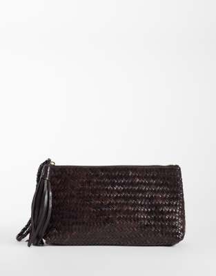 Mango 100% Leather Woven Pouch In Brown
