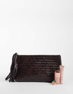 Mango 100% Leather Woven Pouch In Brown