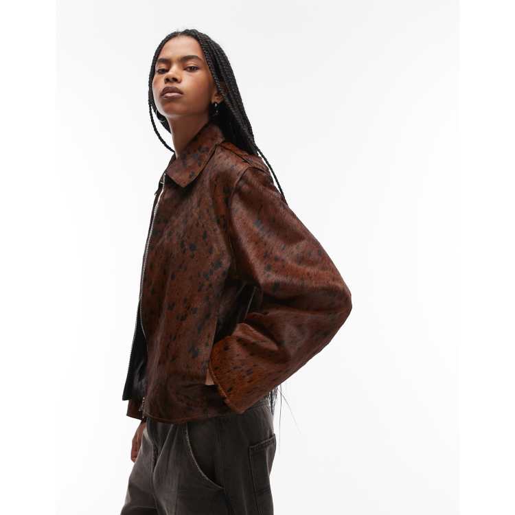 Mango 100% leather zip up jacket in deer print | ASOS