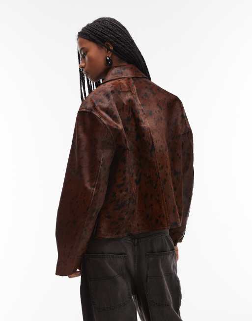 Veste En Cuir Tria Imprimé Animalier Noir & Marron - Taille L, Occasion Excellent état, Pour Soirée