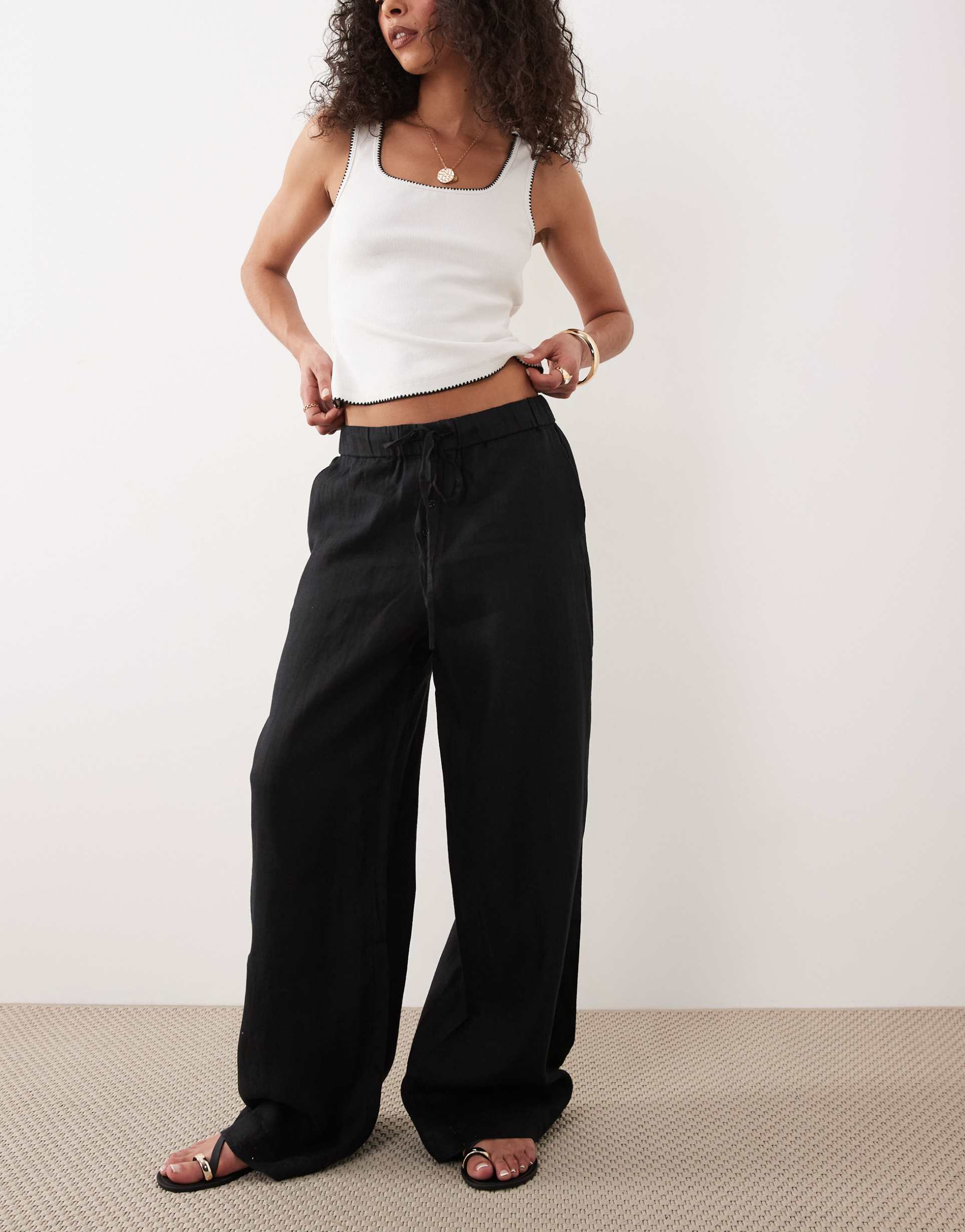mango 100% linen button detail straight leg pants in black