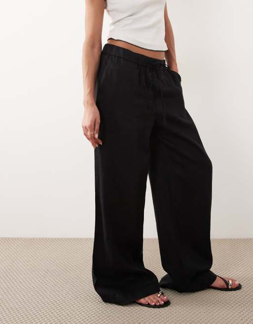 Mango 100% linen button detail straight trouser in black, 2 of 5