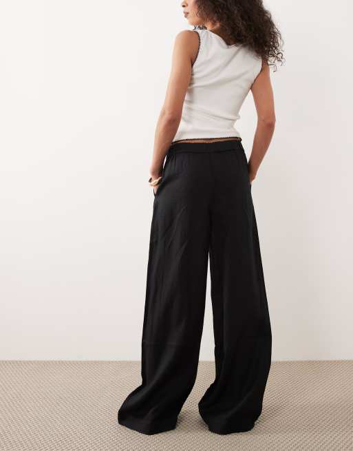 Mango 100% linen button detail straight trouser in black, 5 of 5