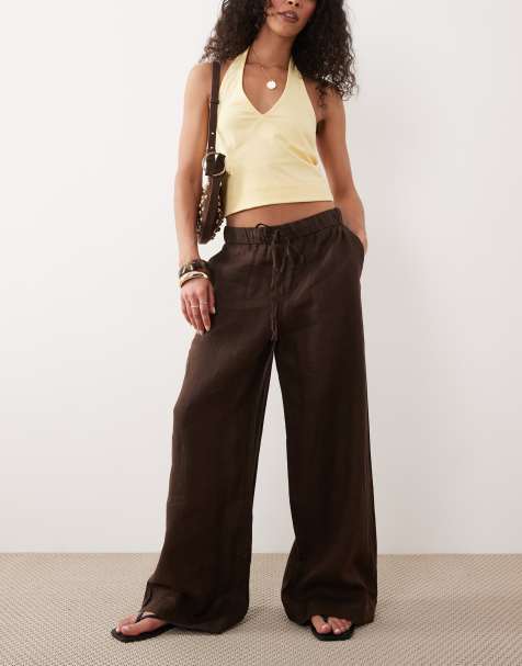 Mango 100% linen button detail straight trouser in brown - view 1