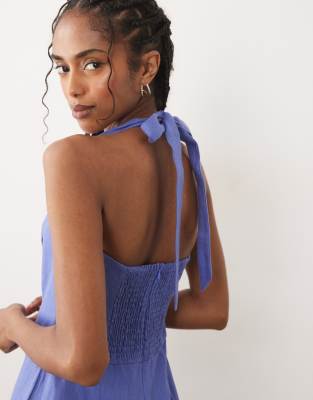 Mango Solid Linen Halter Jumpsuit In Blue