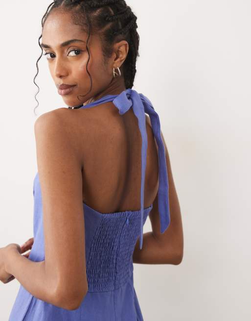 Mango 100% linen halterneck jumpsuit in blue, 2 of 4