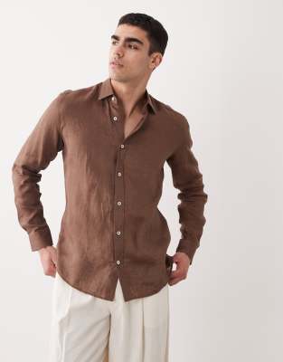 Mango 100% Linen Long Sleeve Shirt In Brown