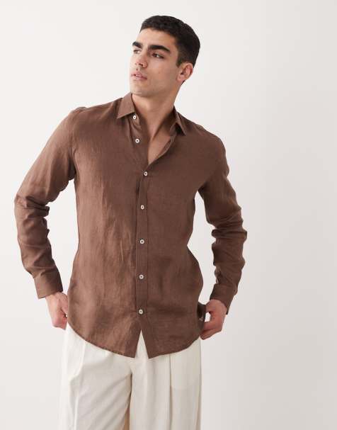 Mango 100% linen long sleeve shirt in brown - view 1