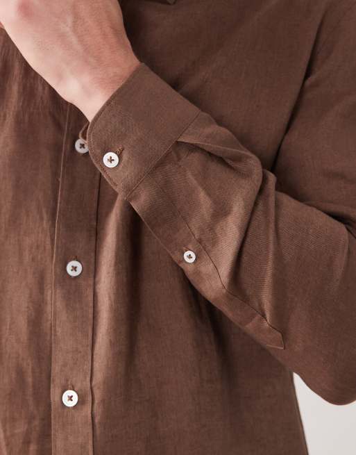 Mango 100% linen long sleeve shirt in brown, 3 of 5