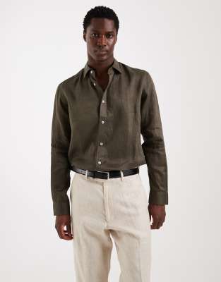 Mango 100% Linen Long Sleeve Shirt In Green